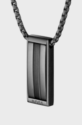 Black stainless-steel necklace with stripe-effect pendant, Dark Grey