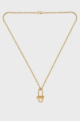 Light-yellow-gold-tone necklace with lock pendant, Gold tone