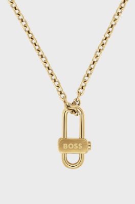 Light-yellow-gold-tone necklace with lock pendant, Gold tone