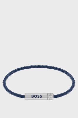 Braided cuff in blue leather with logo plaque, Blue