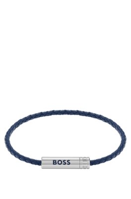 Braided cuff in blue leather with logo plaque