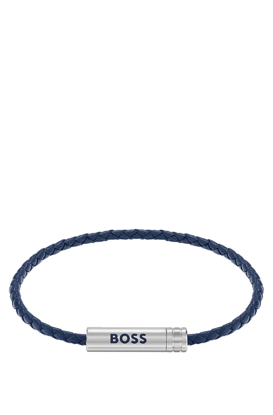 Braided cuff in blue leather with logo plaque