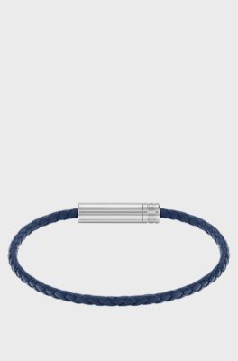 Braided cuff in blue leather with logo plaque, Blue