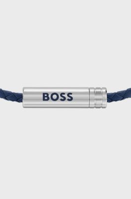 Braided cuff in blue leather with logo plaque, Blue