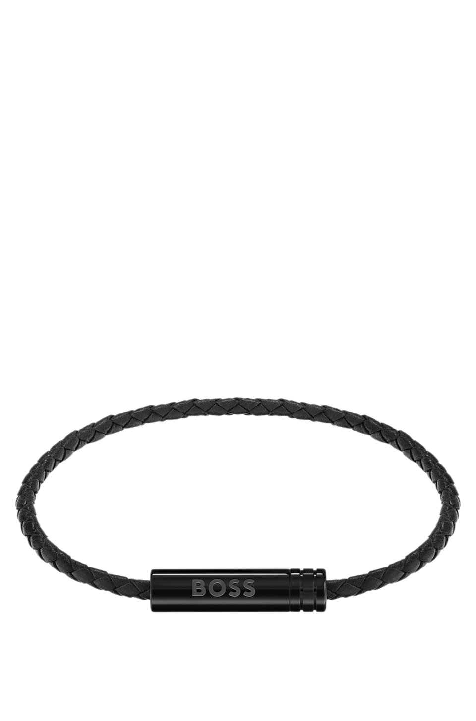 Braided cuff in black leather with logo plaque