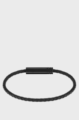 Braided cuff in black leather with logo plaque, Black