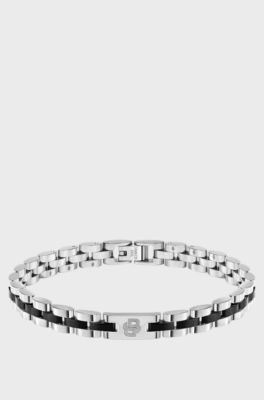 Double-B-monogram cuff with black trims, Silver tone
