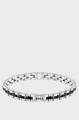 Double-B-monogram cuff with black trims, Silver tone