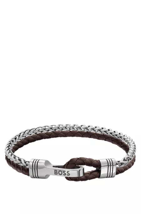 Braided cuff in brown leather and stainless steel