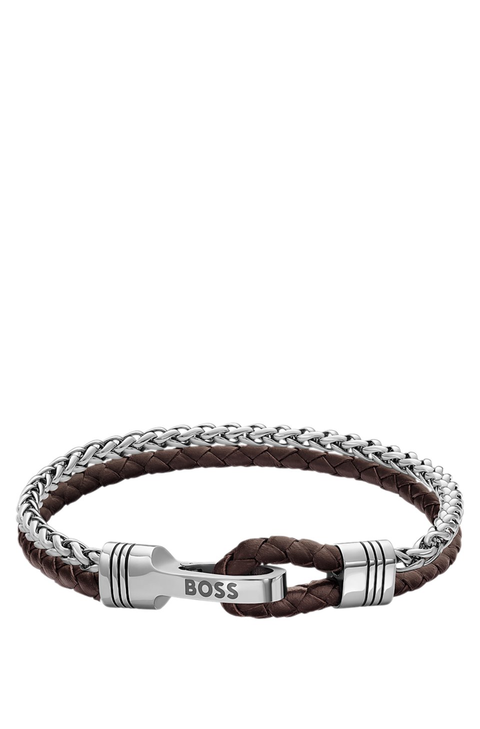 Braided cuff in brown leather and stainless steel