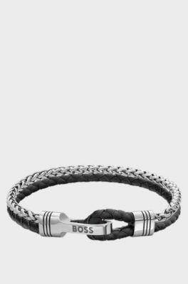 Braided cuff in black leather and stainless steel, Silver tone