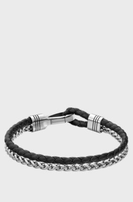 Braided cuff in black leather and stainless steel, Silver tone