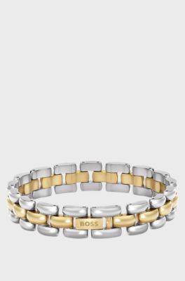 Two-tone link bracelet with engraved logo, Silver tone