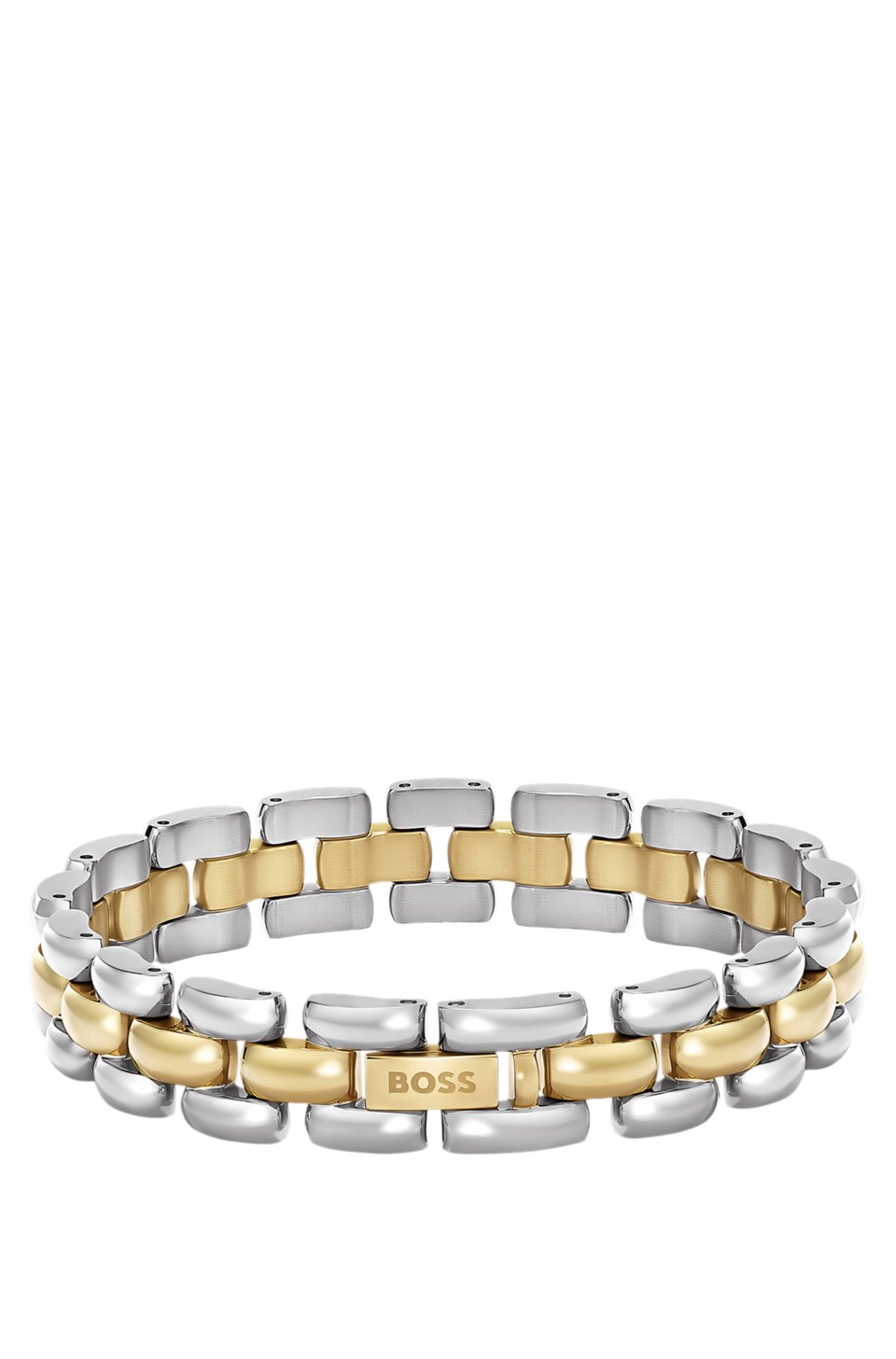 Two-tone link bracelet with engraved logo