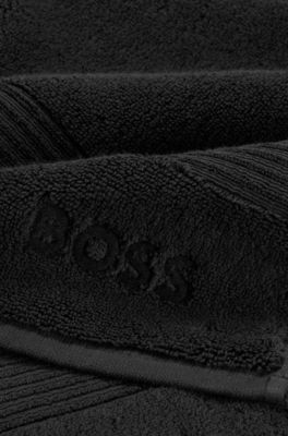 Black cotton hand towel with embroidered logo, Black