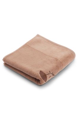 Cotton hand towel with embroidered florals and velvet stripe, Light Brown
