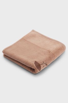 Cotton hand towel with embroidered florals and velvet stripe, Light Brown