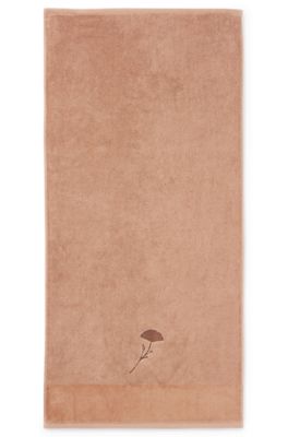 Cotton hand towel with embroidered florals and velvet stripe, Light Brown