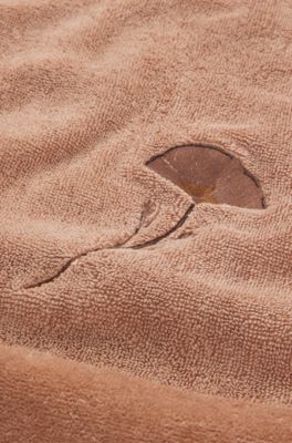 Cotton hand towel with embroidered florals and velvet stripe, Light Brown