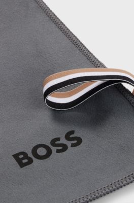 Microfibre travel towel with signature-stripe strap, Dark Grey