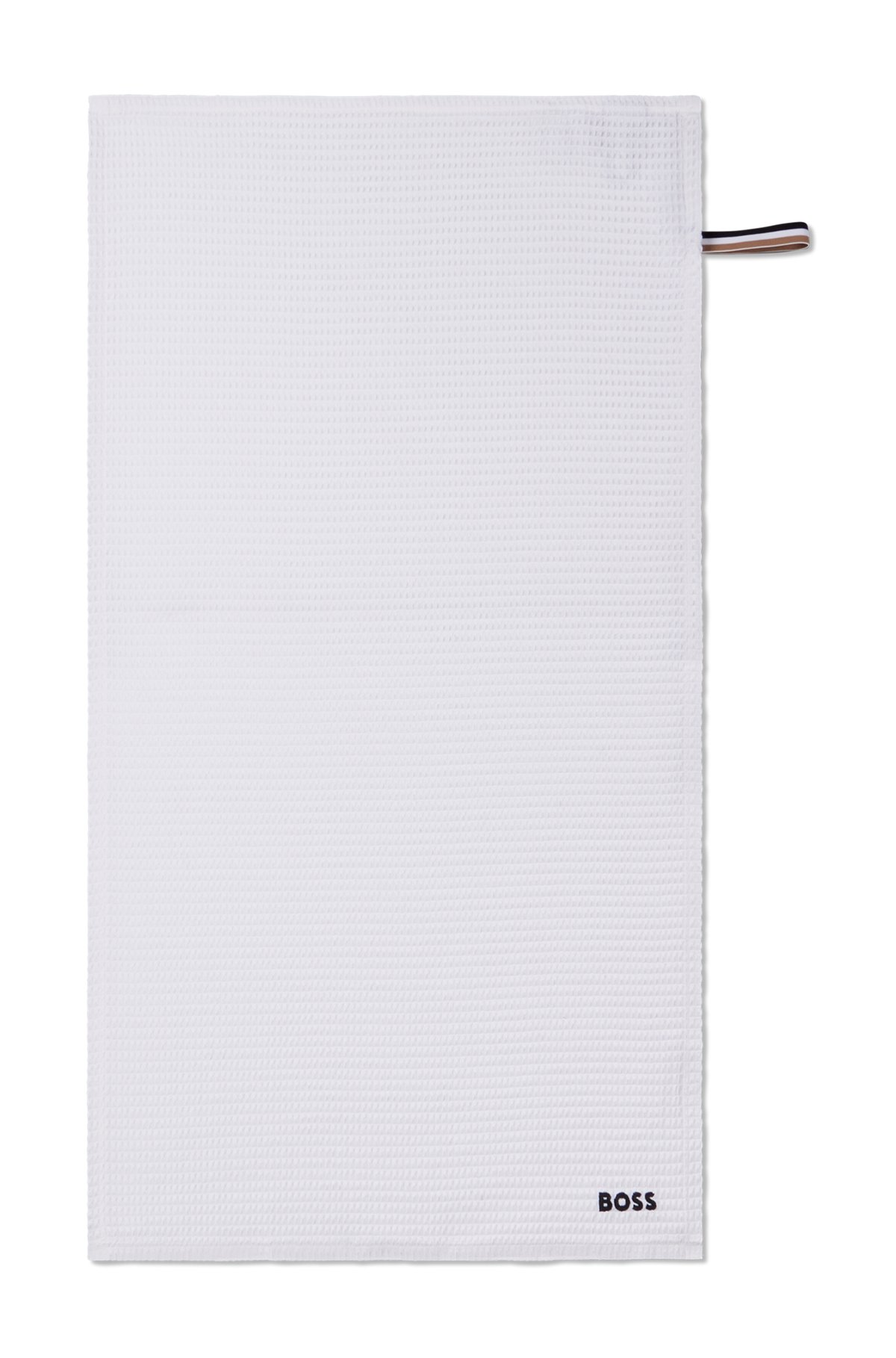 Honeycomb-cotton hand towel with signature-stripe strap, White