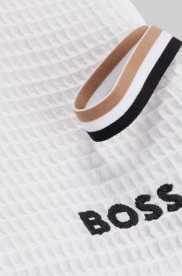 Serviette de toilette en coton nid-d&rsquo;abeilles avec sangle &agrave; rayures embl&eacute;matiques, Blanc