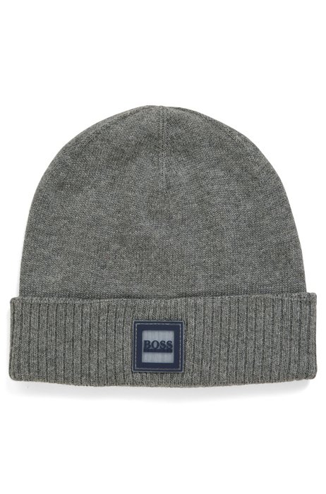 Kids' beanie hat in knitted cotton with logo label, Dark Grey
