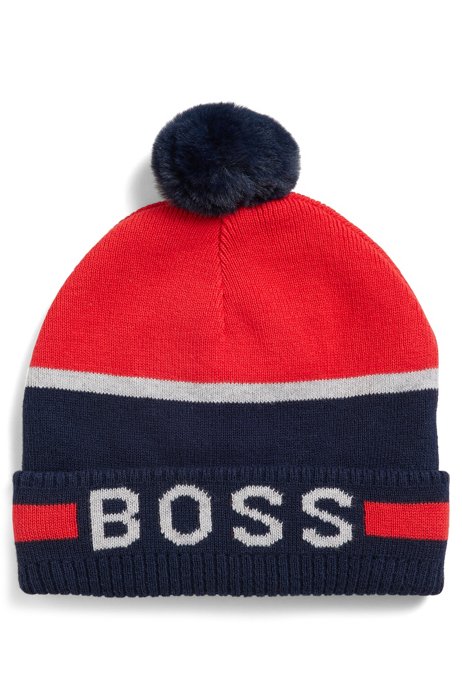 Kids' bobble hat with sherpa lining and jacquard logo, Dark Blue