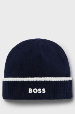 Kids' beanie hat in knitted cotton with rubber logo, Dark Blue