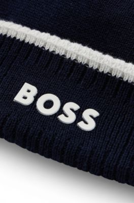 Kids' beanie hat in knitted cotton with rubber logo, Dark Blue