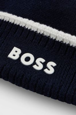 Kids' beanie hat in knitted cotton with rubber logo, Dark Blue