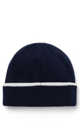 Kids' beanie hat in knitted cotton with rubber logo, Dark Blue
