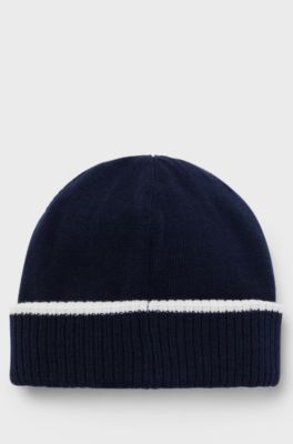 Kids' beanie hat in knitted cotton with rubber logo, Dark Blue