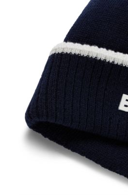 Kids' beanie hat in knitted cotton with rubber logo, Dark Blue