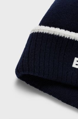 Kids' beanie hat in knitted cotton with rubber logo, Dark Blue