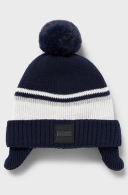 Bonnet en maille de coton pour enfant, avec pompon, Bleu fonc&eacute;