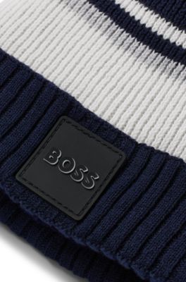 Kids' beanie hat in knitted cotton with pompom, Dark Blue