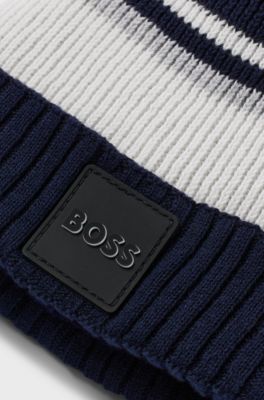 Kids' beanie hat in knitted cotton with pompom, Dark Blue