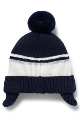 Kids' beanie hat in knitted cotton with pompom, Dark Blue