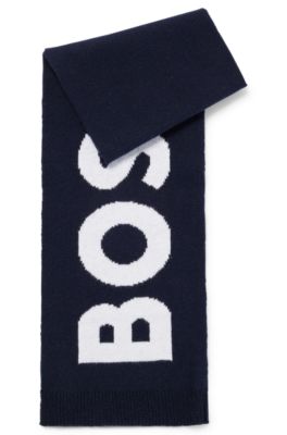 Kids' knitted-cotton scarf with jacquard-woven contrast logo, Dark Blue