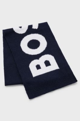 Kids' knitted-cotton scarf with jacquard-woven contrast logo, Dark Blue