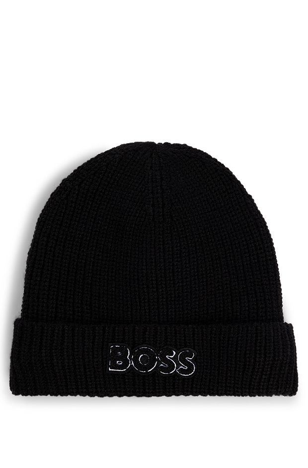 Kids' beanie hat with logo and faux-fur lining, Black