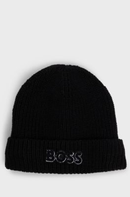 Kids' beanie hat with logo and faux-fur lining, Black