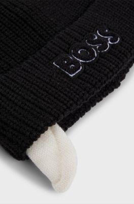 Kids' beanie hat with logo and faux-fur lining, Black
