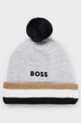 Kids' beanie hat with logo print and pompom, Light Grey