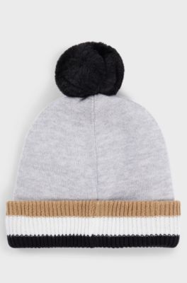 Kids' beanie hat with logo print and pompom, Light Grey