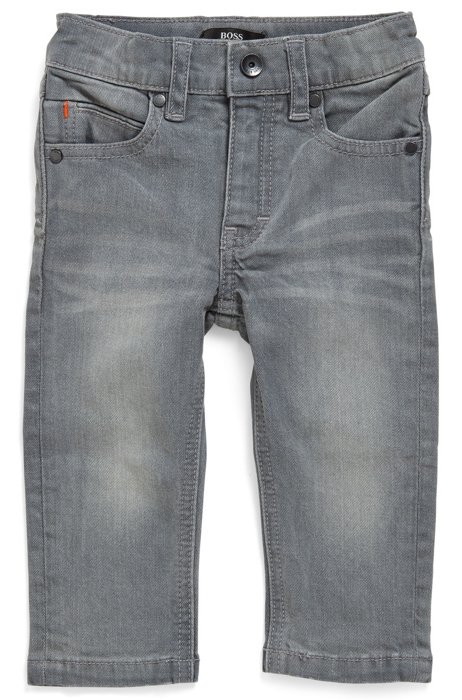Jeans per bambini in denim elasticizzato grigio, A disegni