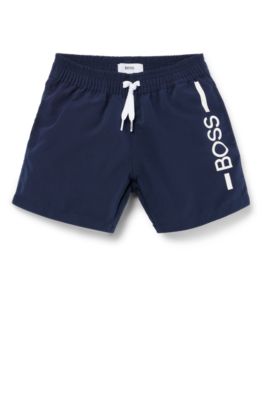 Kids' quick-drying swim shorts with stripe and logo, Dark Blue