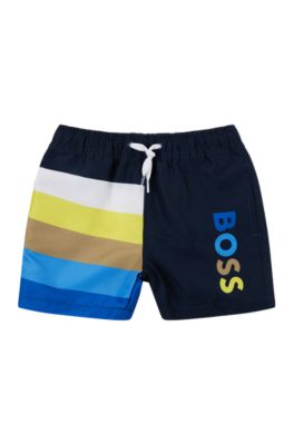 Kids' quick-dry swim shorts with logo print, Dark Blue