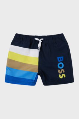Kids' quick-dry swim shorts with logo print, Dark Blue